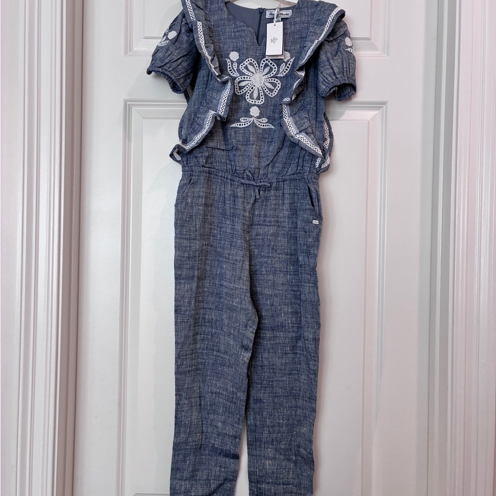 Tartine et Chocolat Linen Denim Jumpsuit with White Embroidery - Picture 1 of 8